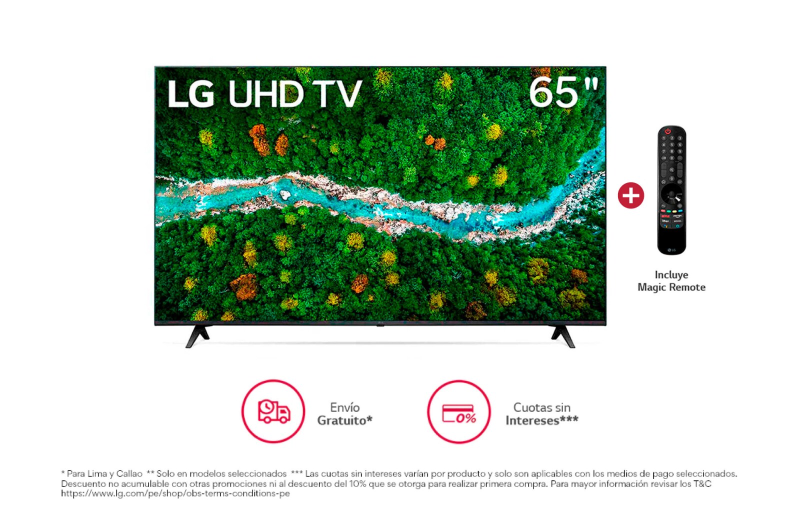 Vista frontal de LG UHD ThinQ AI 65'' UP7760 4K Smart TV, 4K Procesador Inteligente α5 65UP7760PSB